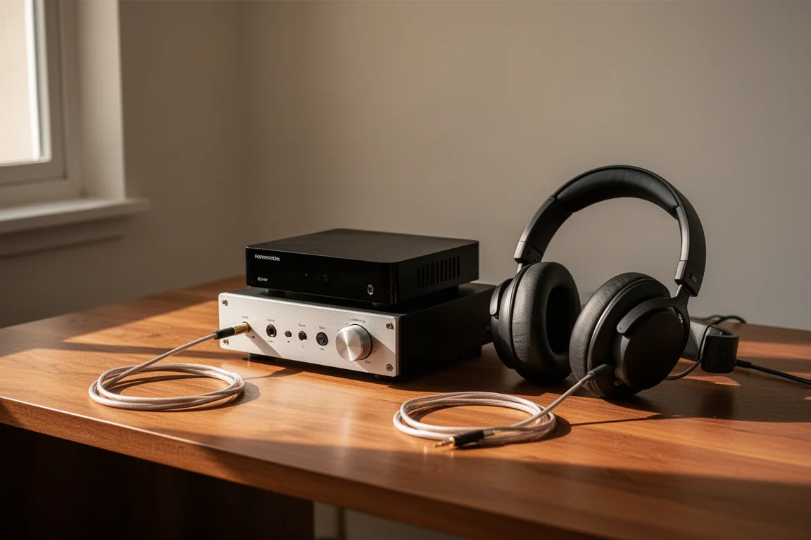 Desktop-Hi-Fi-Setup mit kompaktem Streamer, Verstärker und Kopfhörern auf einem Holzschreibtisch