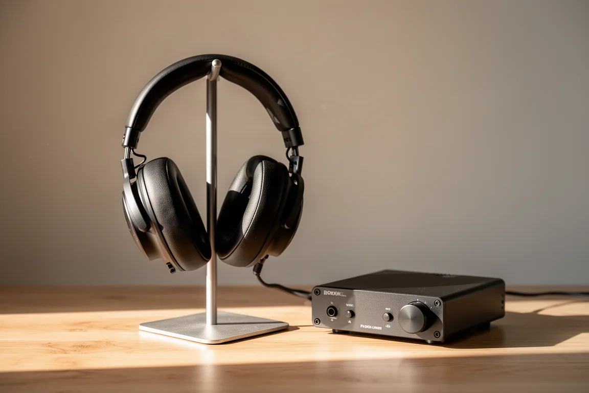Over-Ear-Kopfhörer auf einem Ständer neben einem kompakten Desktop-Kopfhörerverstärker