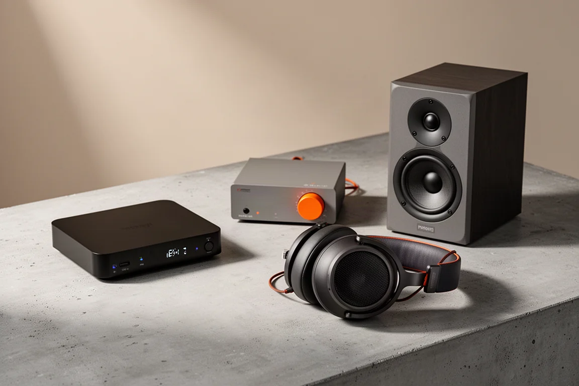 Desktop hi-fi components including a streamer, amplifier, headphones, and bookshelf speaker on concrete
