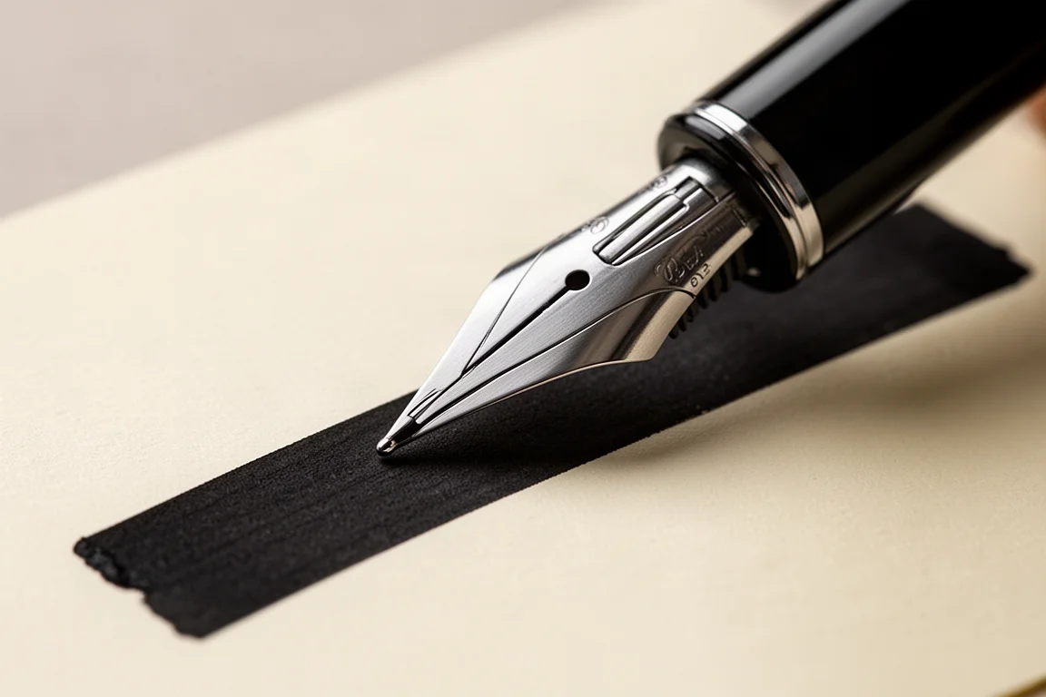 Plume calligraphique large traçant un trait d'encre très large sur du papier crème