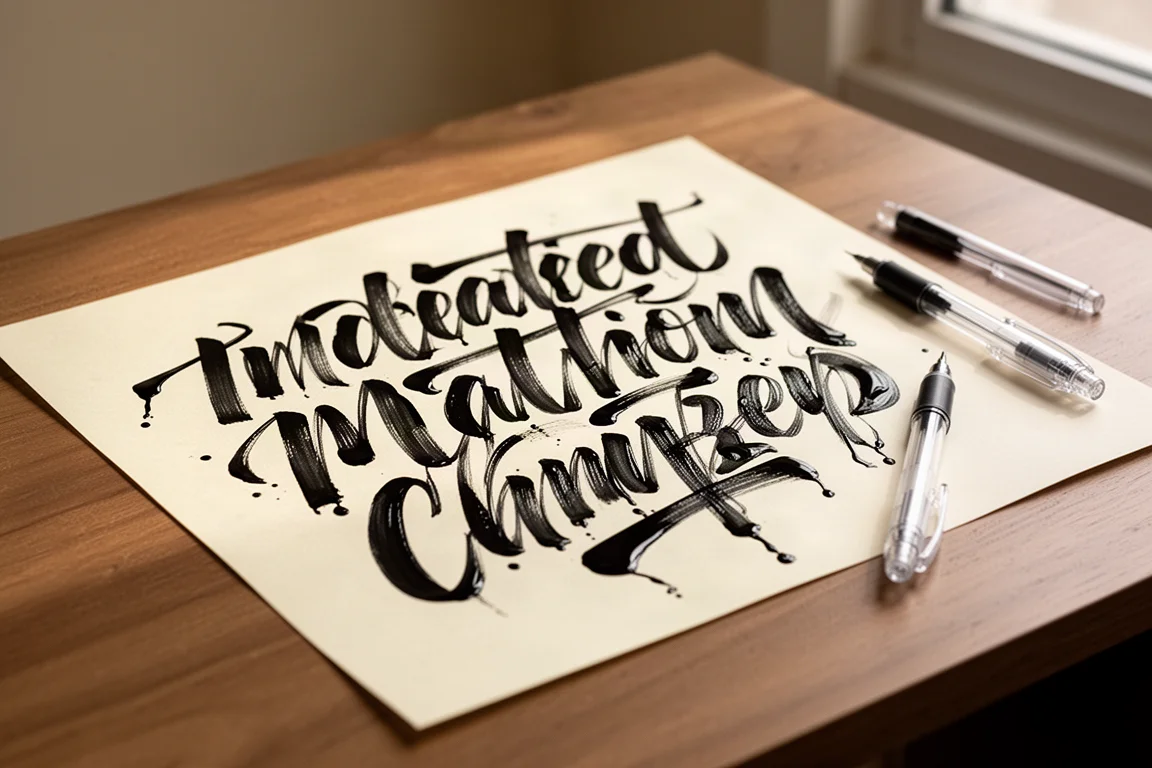 Grands traits calligraphiques manuscrits séchant sur un bureau