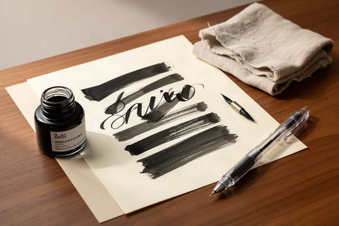 Scène de pratique calligraphique avec stylos et papier sur un plan de travail