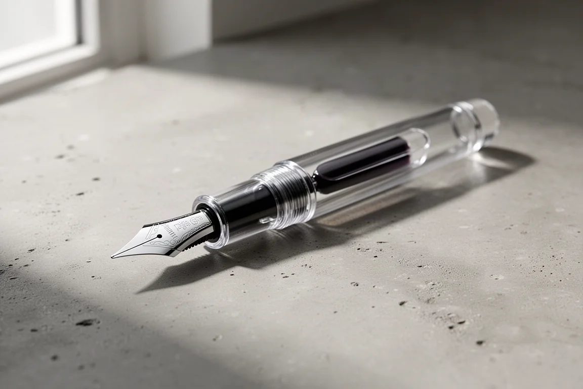 Clear demonstrator calligraphy fountain pen with a very broad flat steel nib
