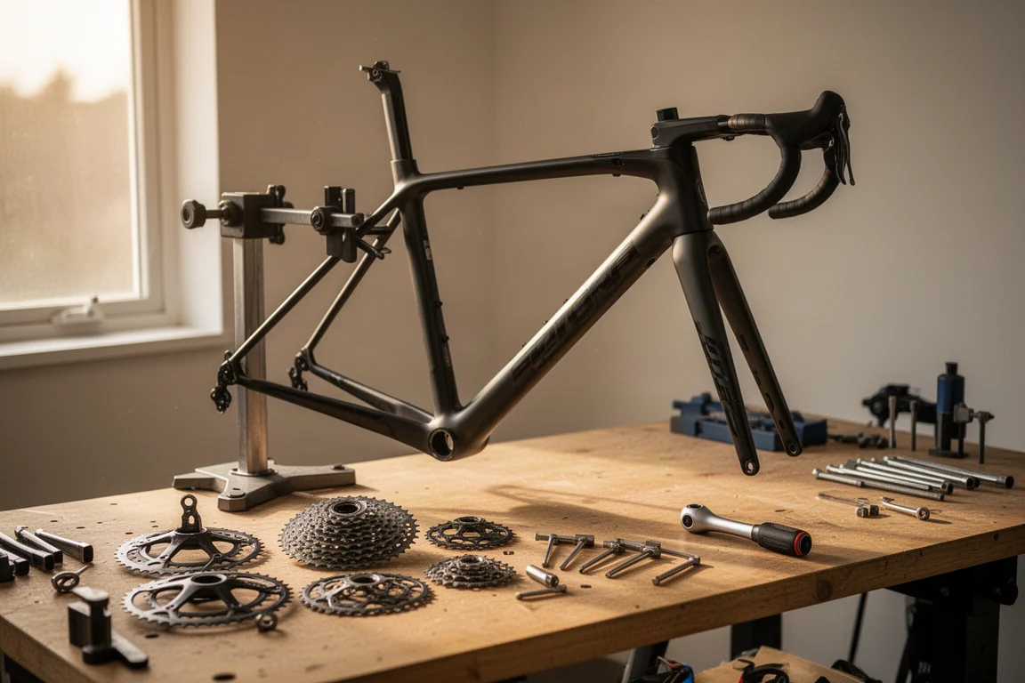 Heimwerkstatt mit teilweise montiertem Road-Bike-Rahmen und losen Groupset-Teilen