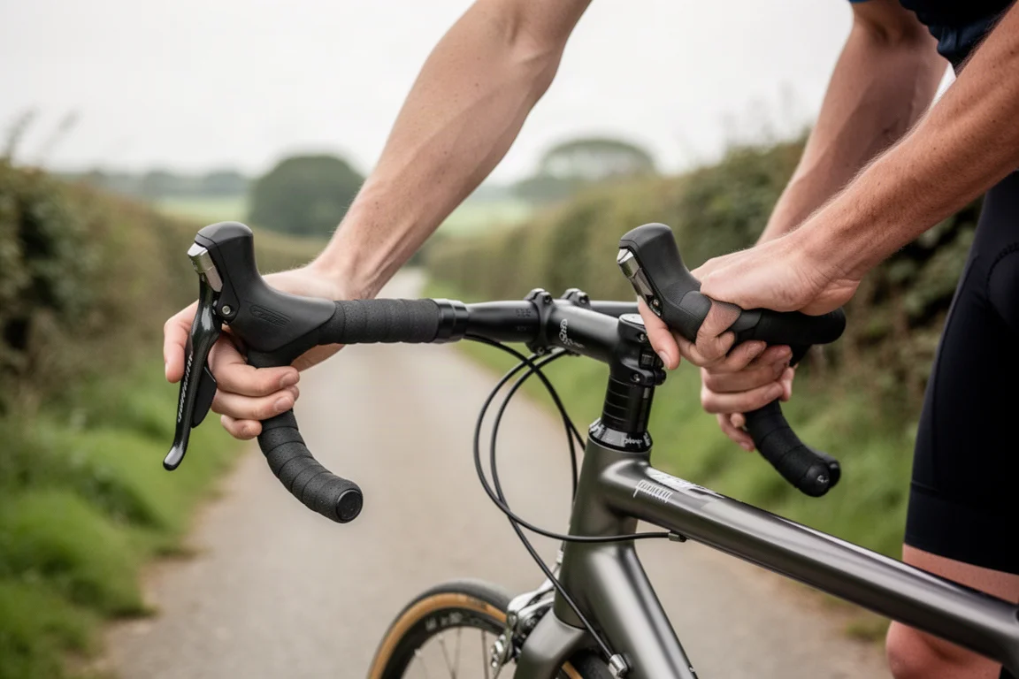 Hände eines Radfahrers an mechanischen Road-Bike-Schalthebeln auf einer Landstraße