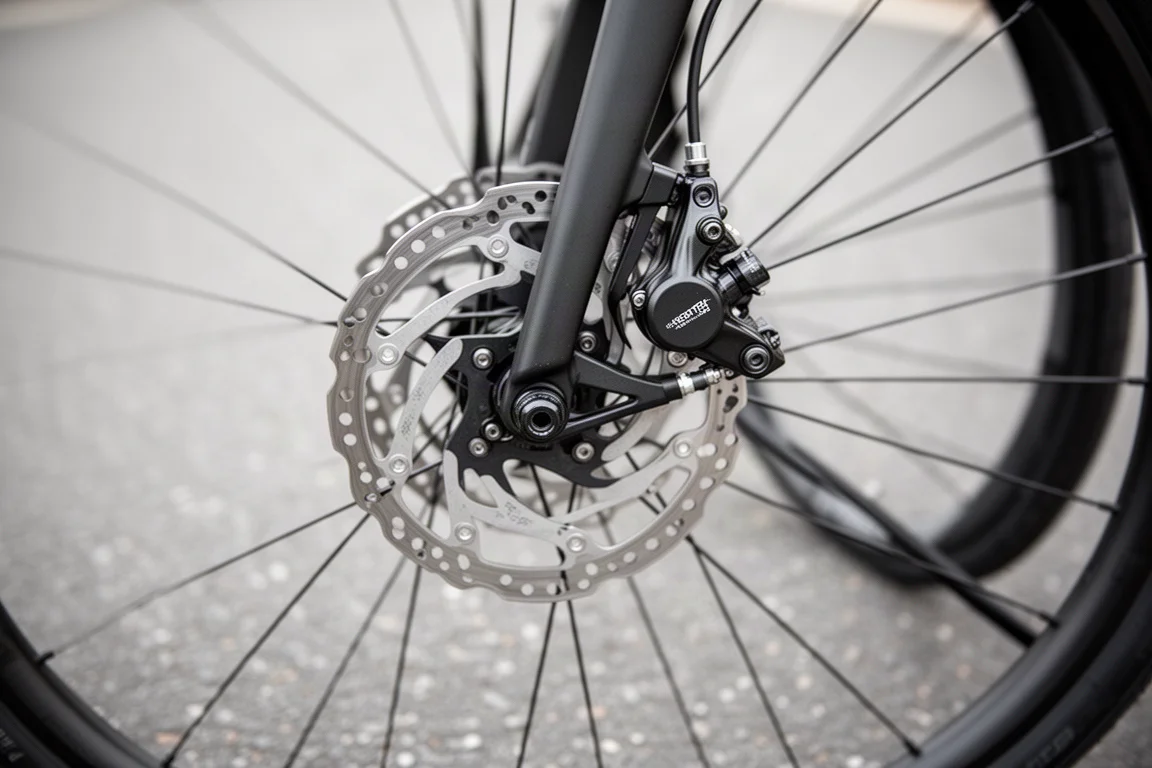 Hydraulische Scheibenbremszange und Rotor an einem Road-Bike-Laufrad auf sauberem Asphalt