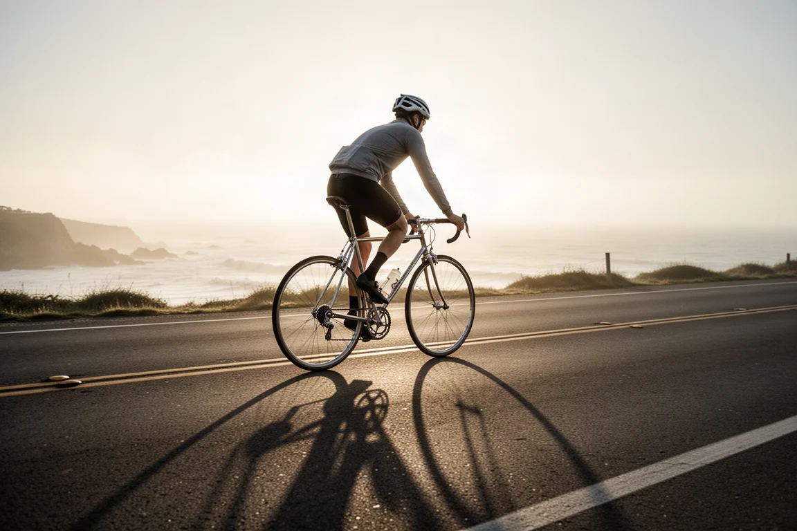 Road-Radfahrer auf einem Stahlrahmen-Rad entlang einer leeren Küstenstraße bei Sonnenaufgang