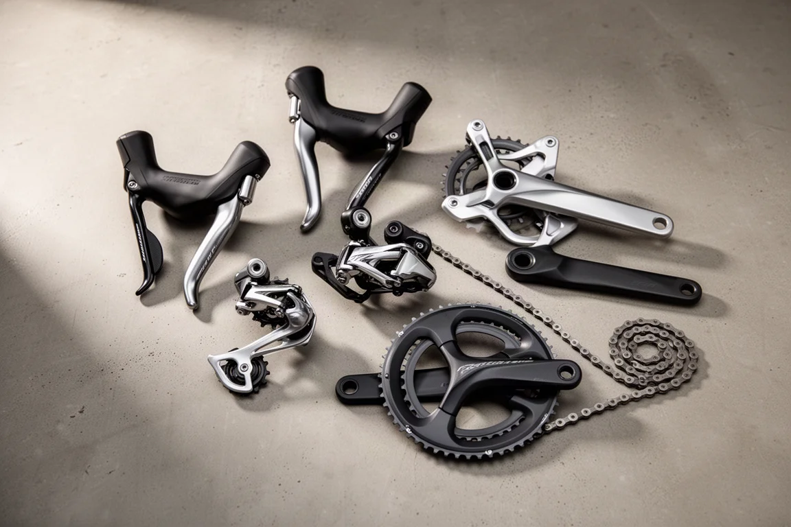 Mechanische racefietsgroepset-onderdelen gerangschikt op een mat betonnen oppervlak