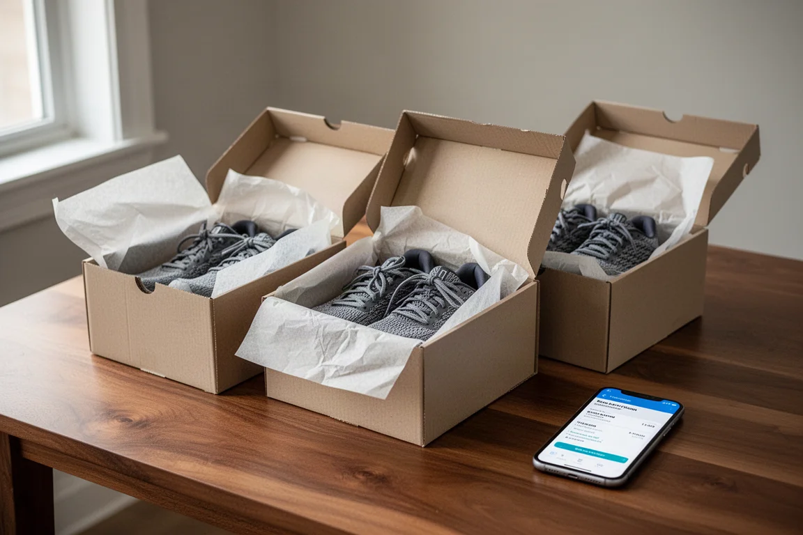 Boîtes de chaussures de running livrées et ouvertes sur une table en bois