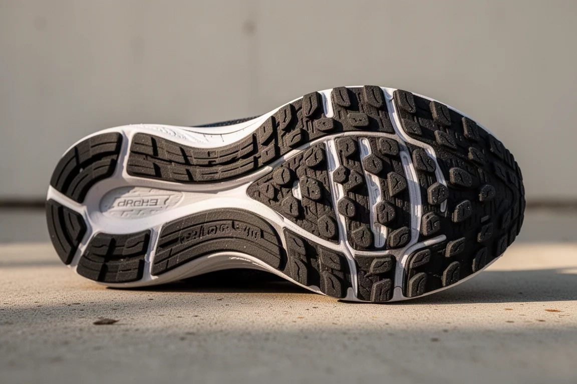 Gros plan sur la semelle extérieure d'une chaussure de running montrant la couverture en caoutchouc antidérapant