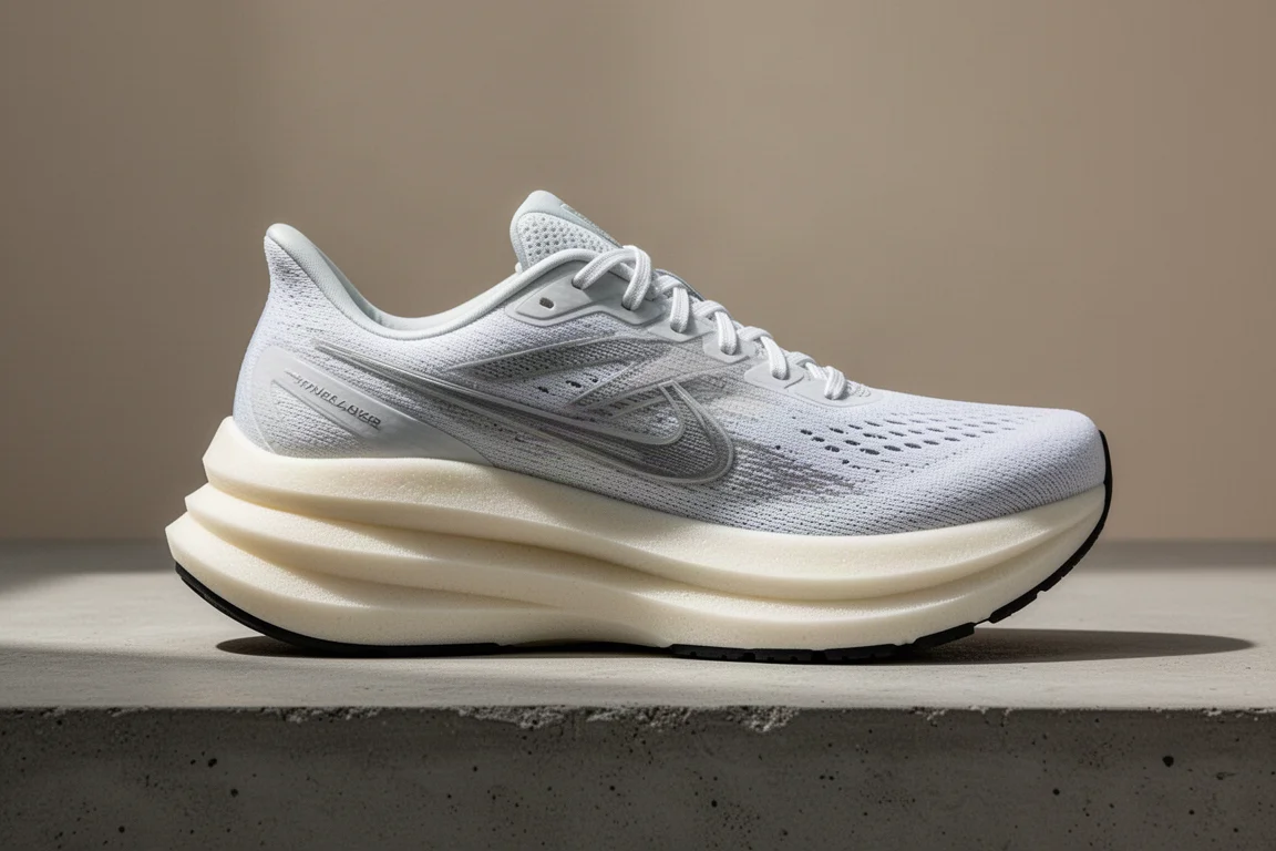 Semelle intermédiaire d'une chaussure de running à empilement maximal vue de côté en lumière douce