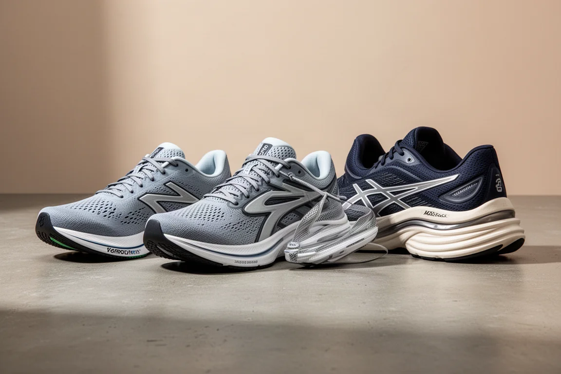 Three running shoes arranged in a row on a concrete studio surface
