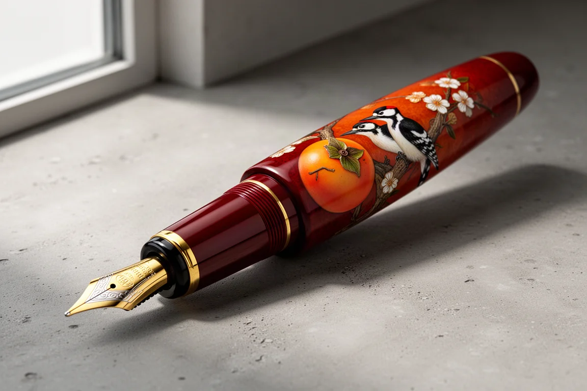Large red lacquered maki-e fountain pen with painted woodpecker artwork on a neutral surface