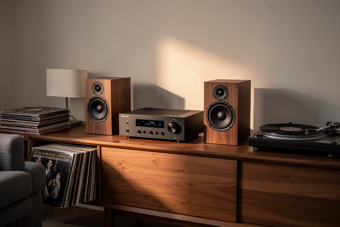 Compacte versterker en kleine standmount-luidsprekers op een houten dressoir in avondlicht