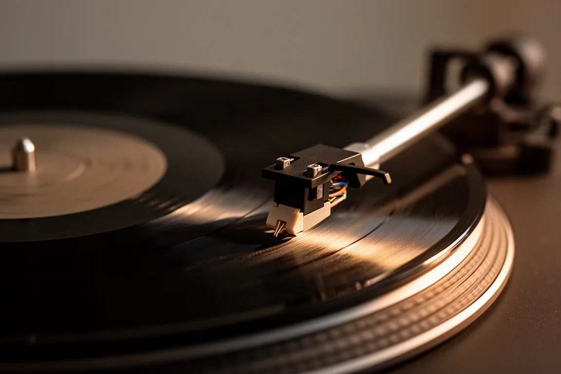 Close-up van een draaiende vinylplaat met de naald in de groef