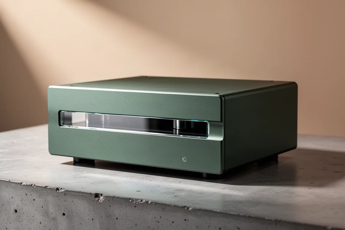 Compact integrated amplifier in gunmetal green finish on a matte concrete surface