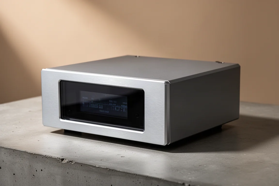 Compact brushed silver integrated amplifier on a matte concrete surface