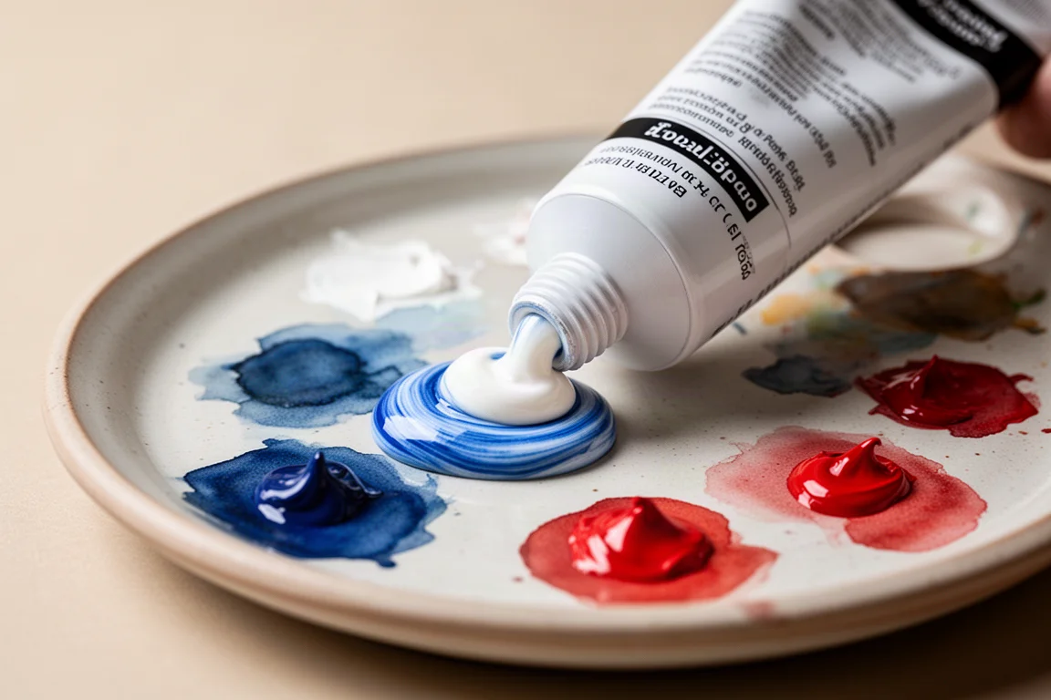 Tinta aquarela sendo espremida de um tubo sobre uma paleta