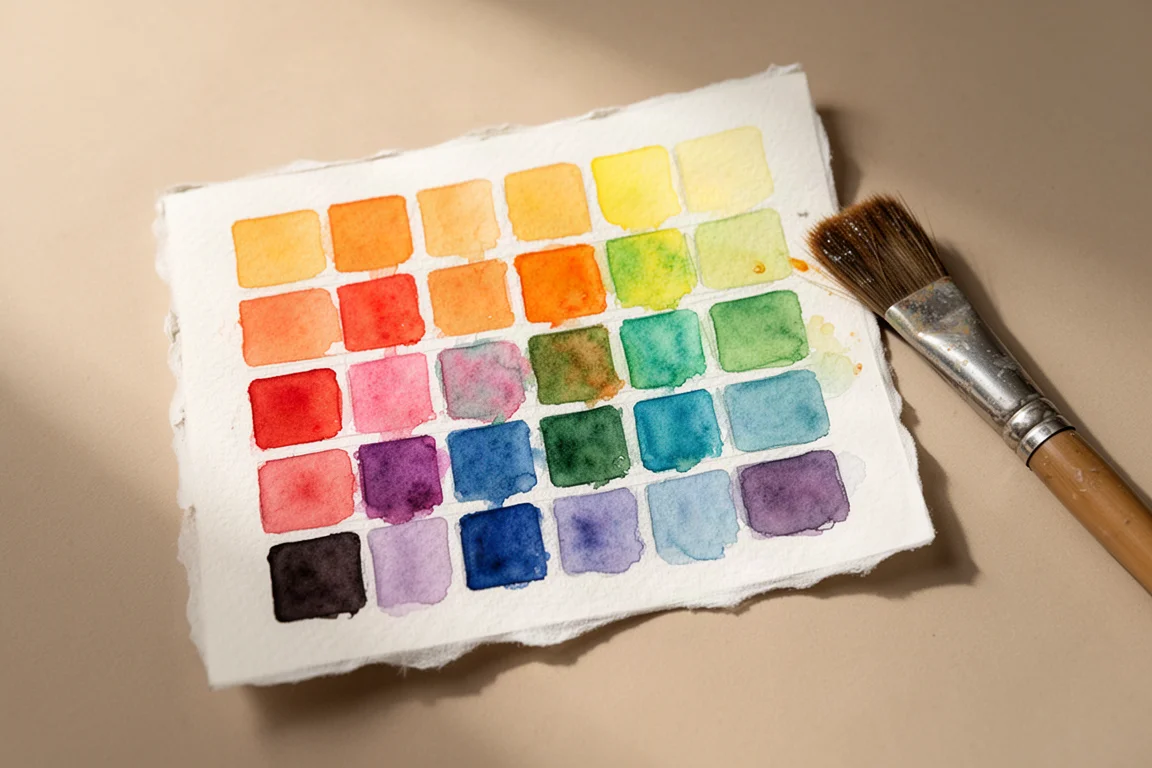 Cartela de amostras de aquarela pintada à mão em papel de aquarela