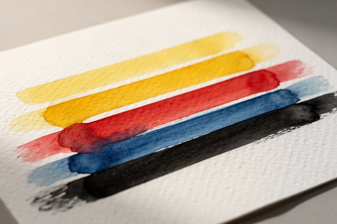 Teste de opacidade de pinceladas de aquarela sobre tinta preta no papel