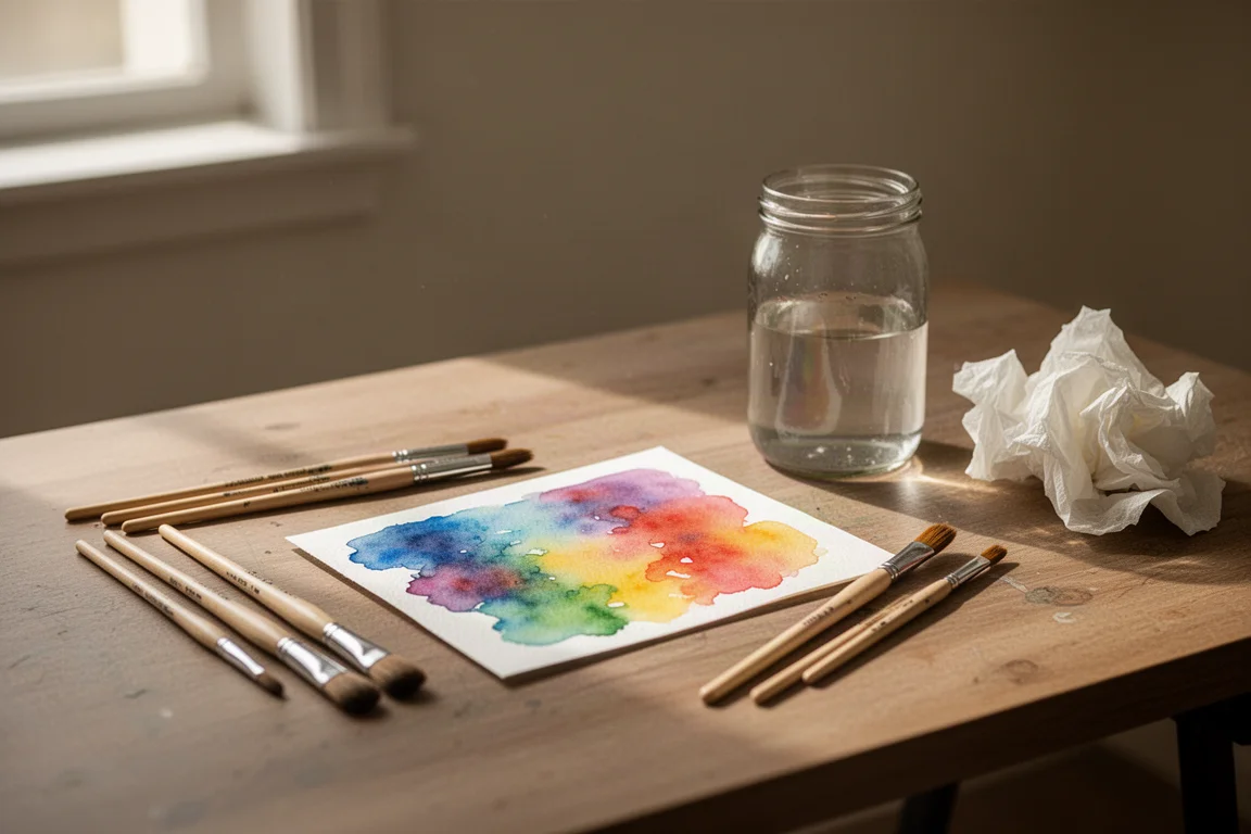 Pincéis de aquarela e uma obra recém-pintada sobre uma mesa