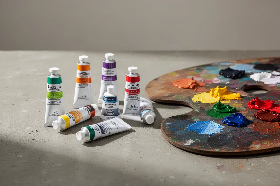 White watercolor paint tubes and palette with vivid paint dabs on concrete