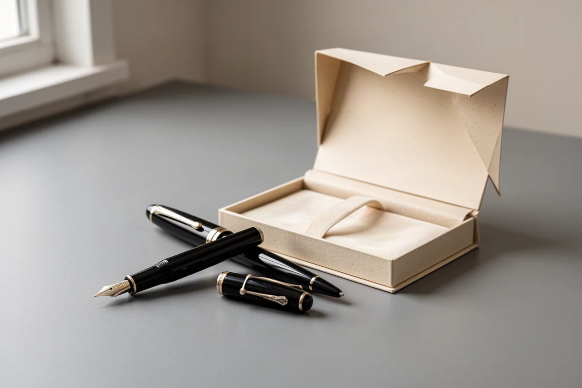Vintage black fountain pen resting beside its folded paper presentation box