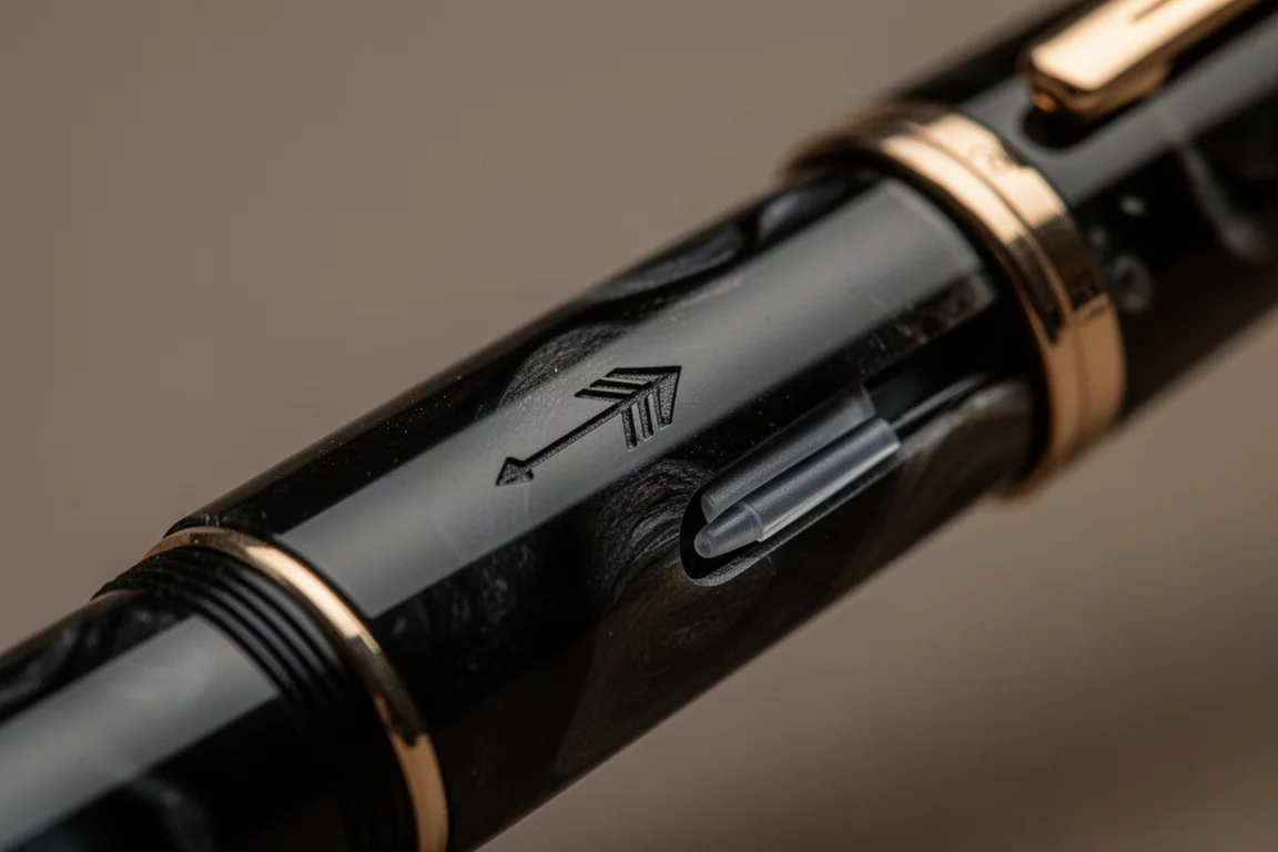Close-up of a fountain pen nib with an inlaid arrow detail