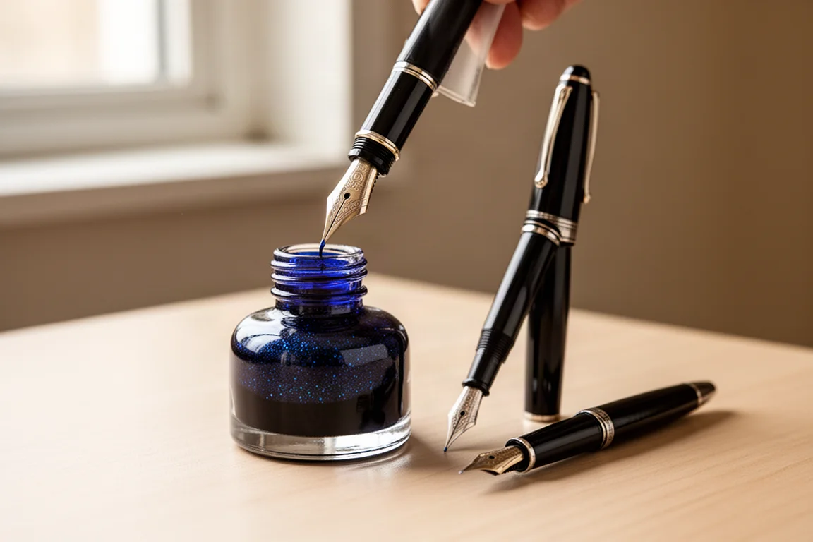 Fountain pen being inked from a dark blue shimmering ink bottle
