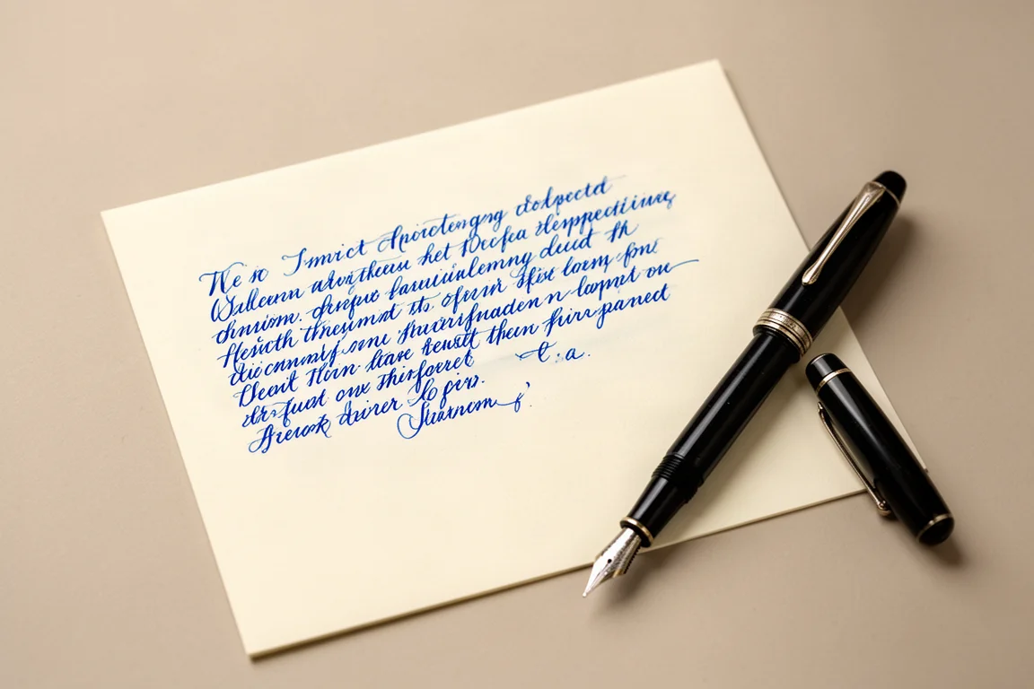 Handwritten writing sample in vibrant blue ink on cream paper