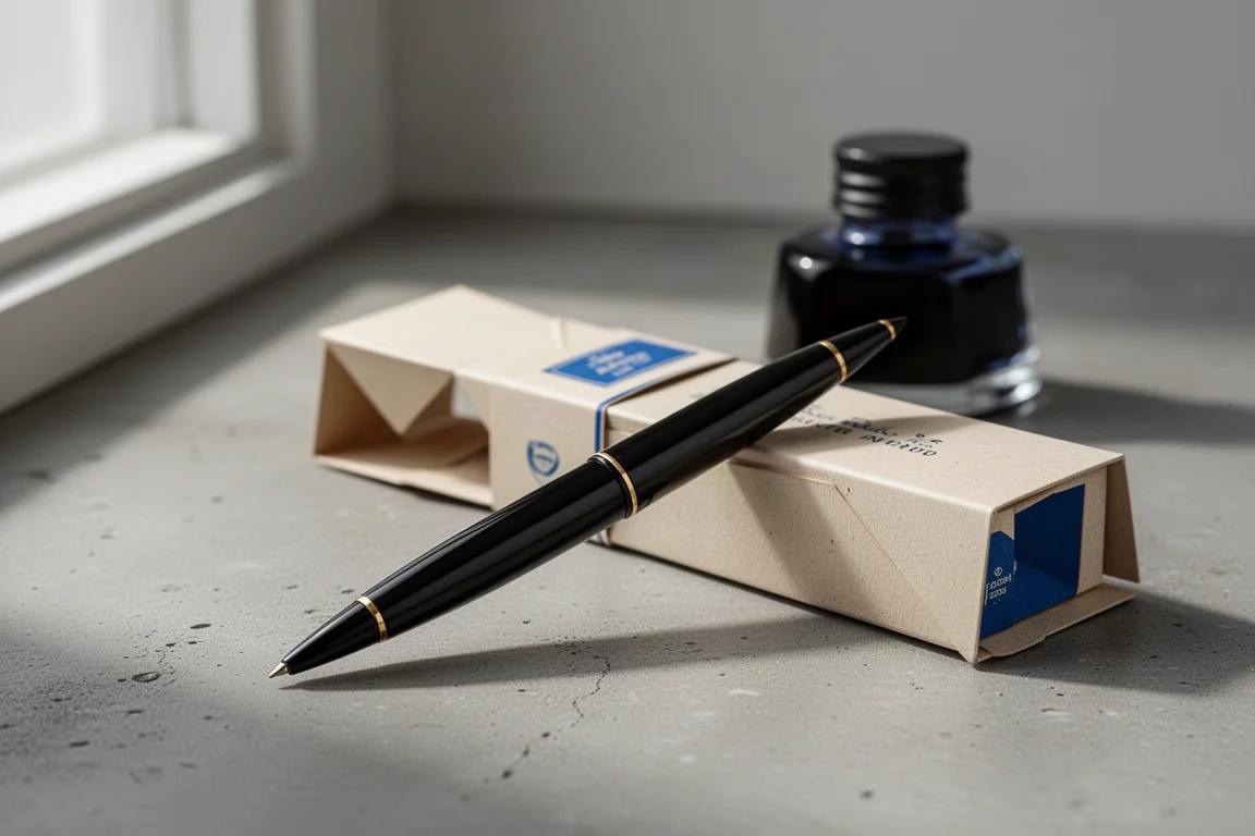 Vintage black fountain pen with gold accents beside a folded paper box