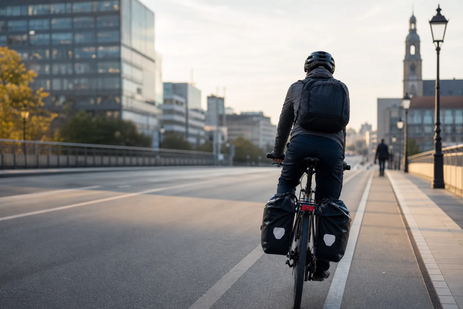 Cyklist som pendlar med lastade cykelväskor på en stadsgata