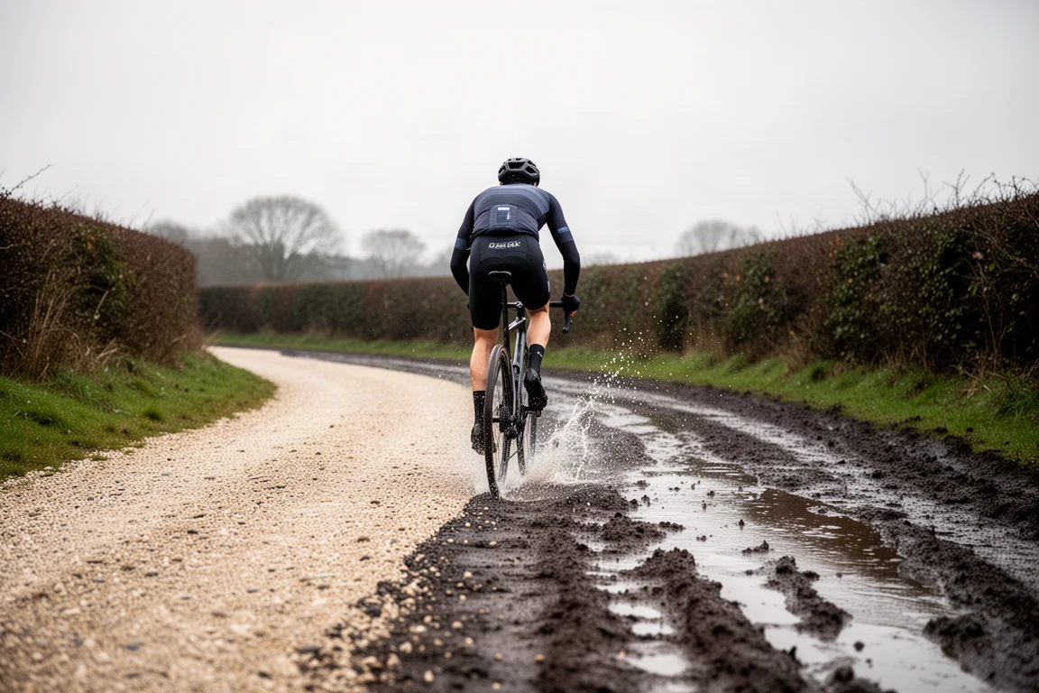 Gravel cyclist riding a mixed gravel and muddy track in overcast light