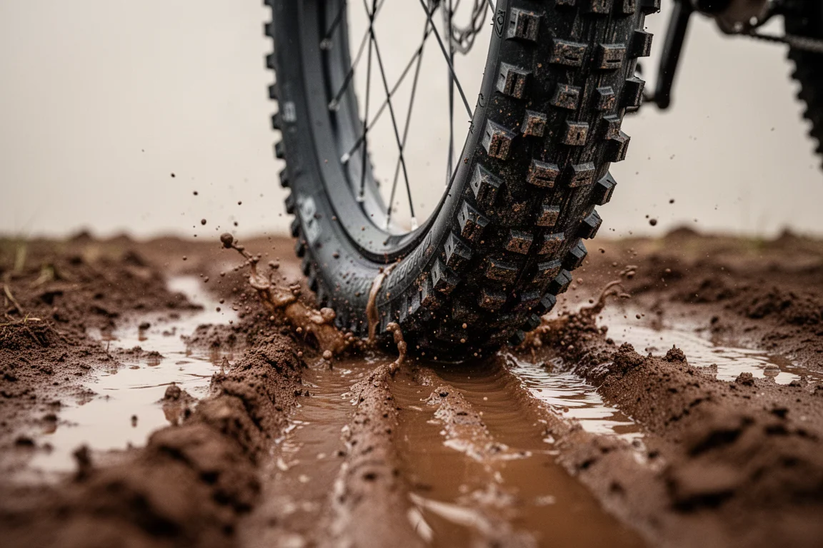 Close-up of aggressive tire knobbles cutting through wet mud