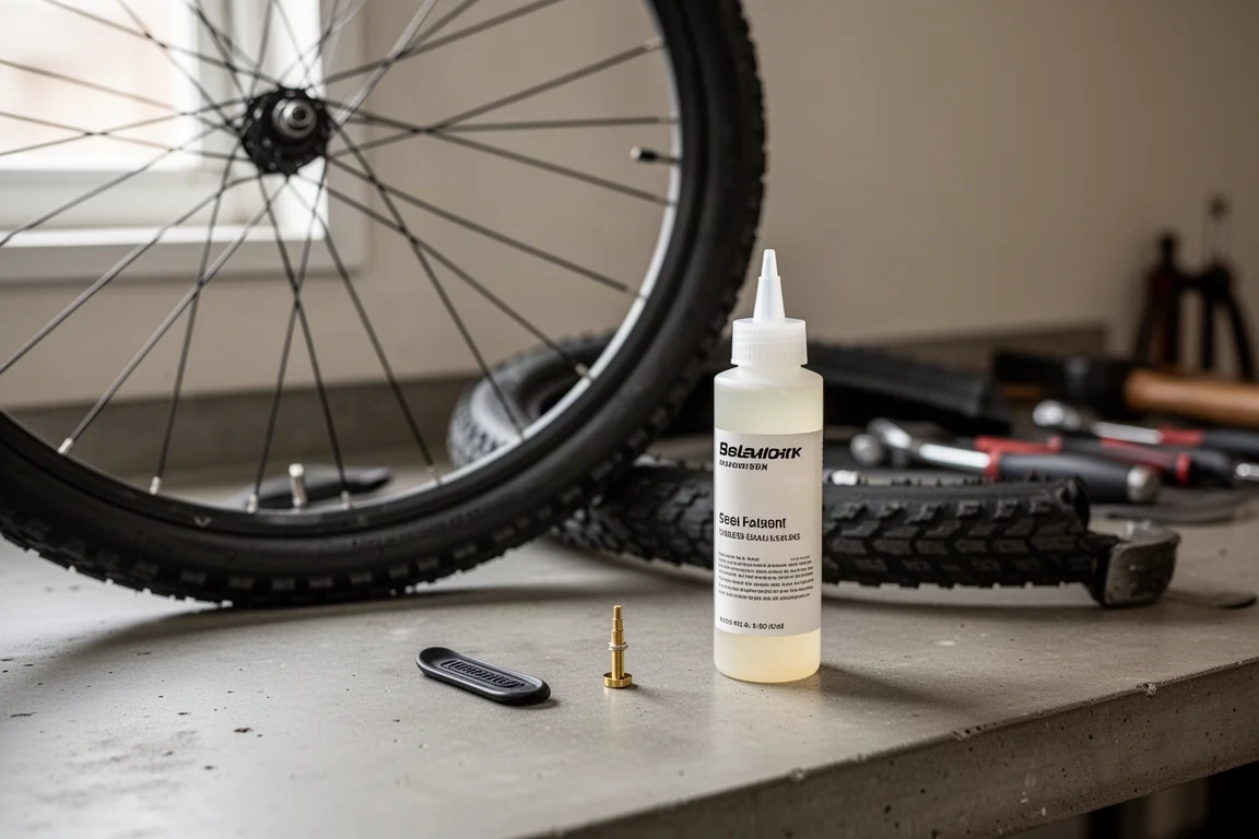 Workshop bench with a bicycle tire, sealant bottle and tubeless valve