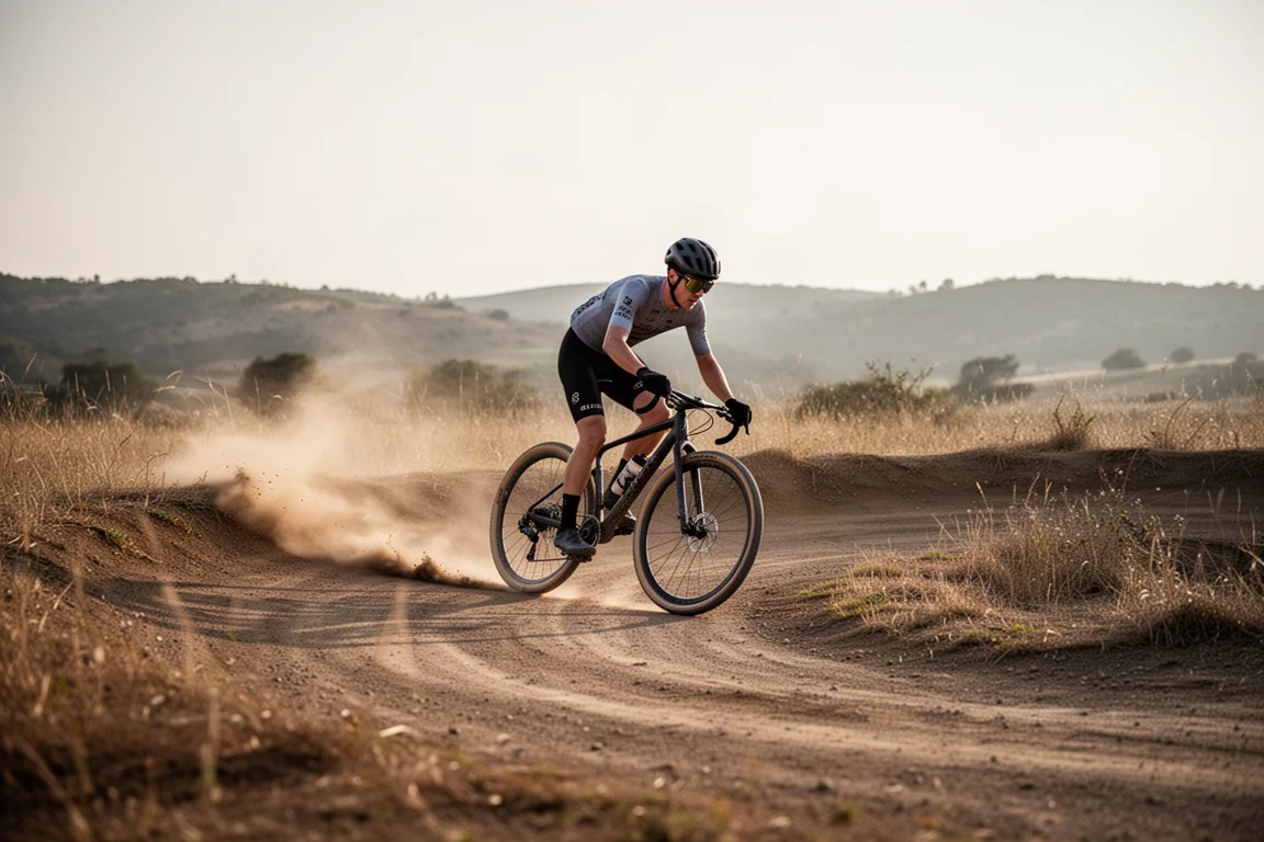 Gravel cyclist cornering on a hardpack track with dust rising