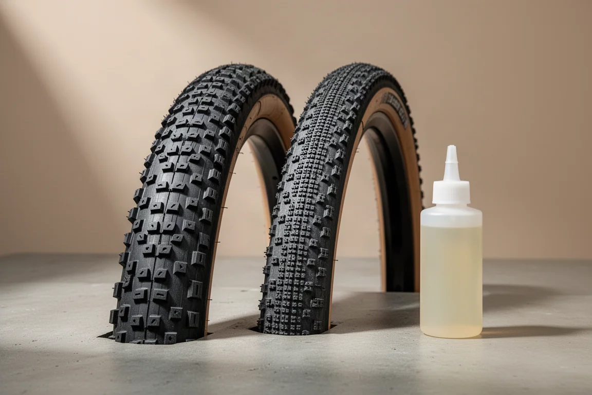 Twee gravelbanden met verschillende profielen naast een fles tubeless sealant op beton