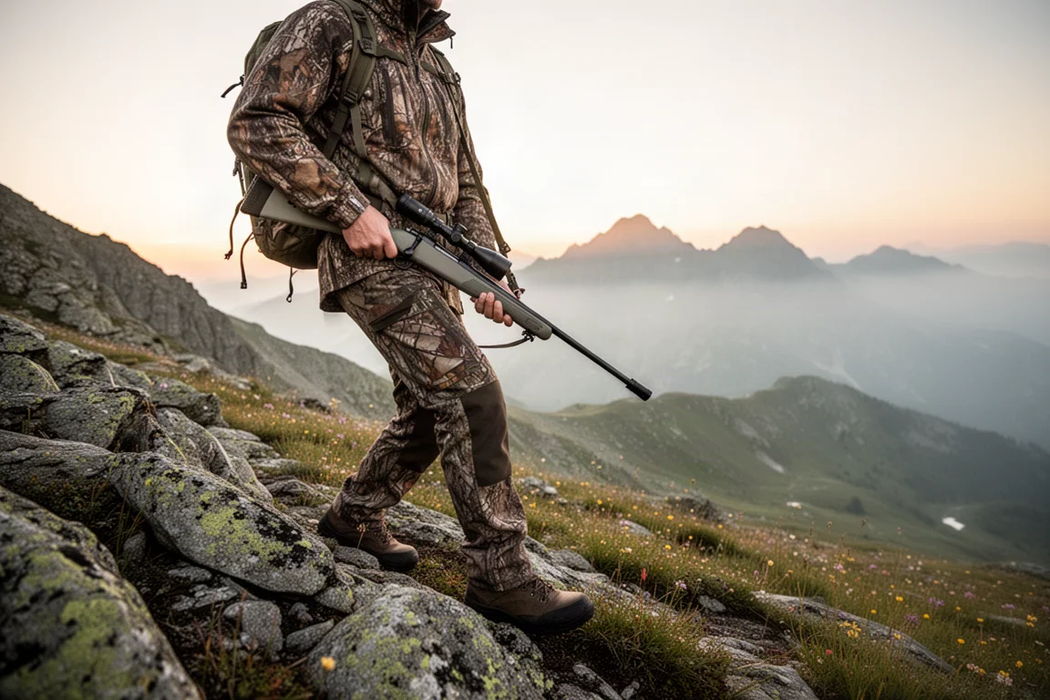 獵人在山區地形中攜帶輕量步槍與緊湊型瞄準鏡