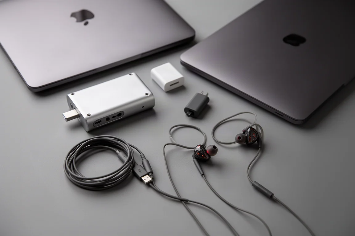 特寫編織 USB 線接入層架上一個小型金屬音響組件