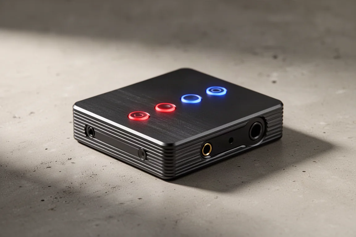 Small aluminium portable headphone amplifier and DAC with illuminated buttons on a concrete surface