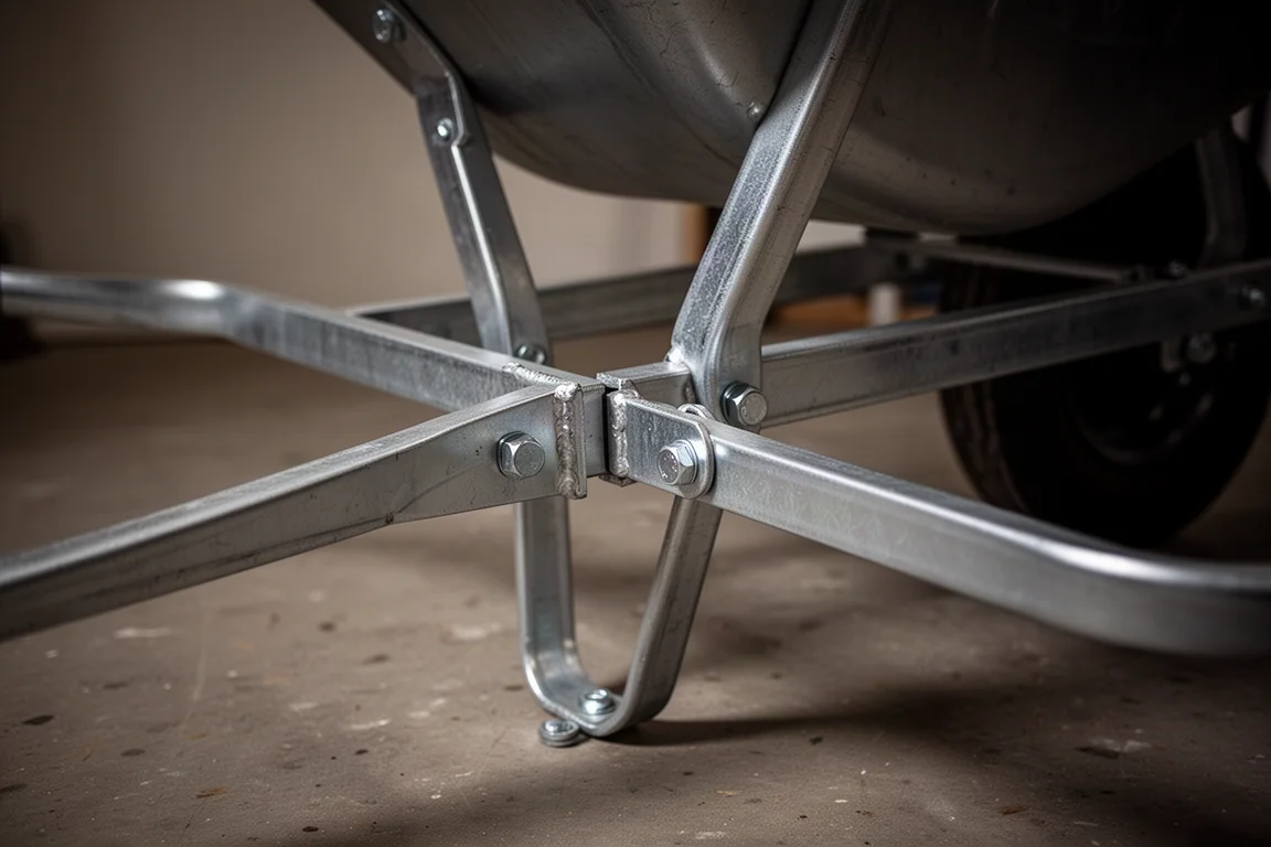 Połączenia ramy taczki z widocznymi śrubami na podłodze warsztatu