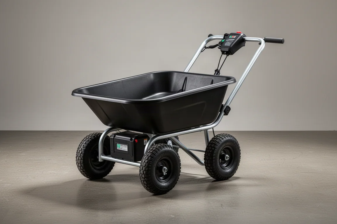 Motorized electric wheelbarrow with black tub and four tires on concrete