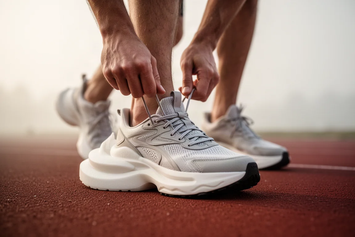 Podista che allaccia una scarpa da running con suola corposa su una pista