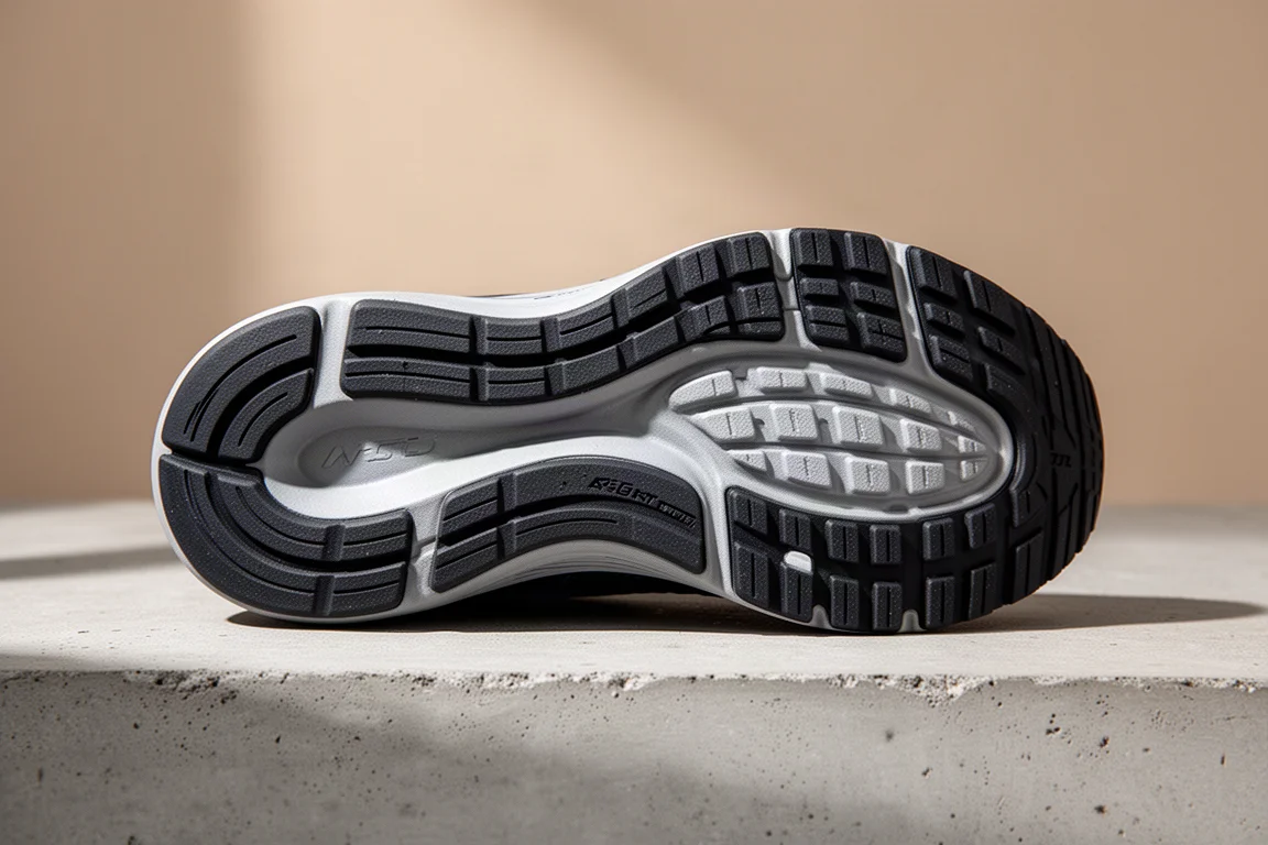 Suola esterna di una scarpa da running con battistrada in gomma su una superficie di cemento