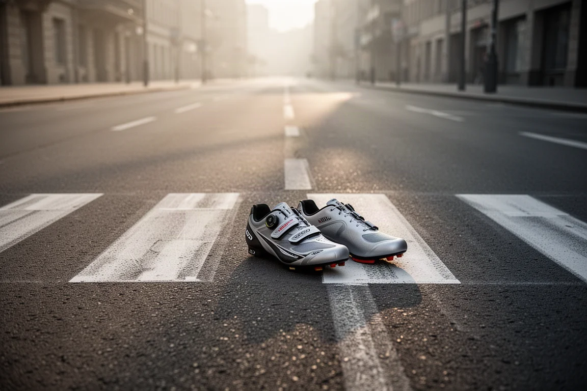 Buty startowe ustawione w rzędzie na podłodze obok linii startu na pustej drodze