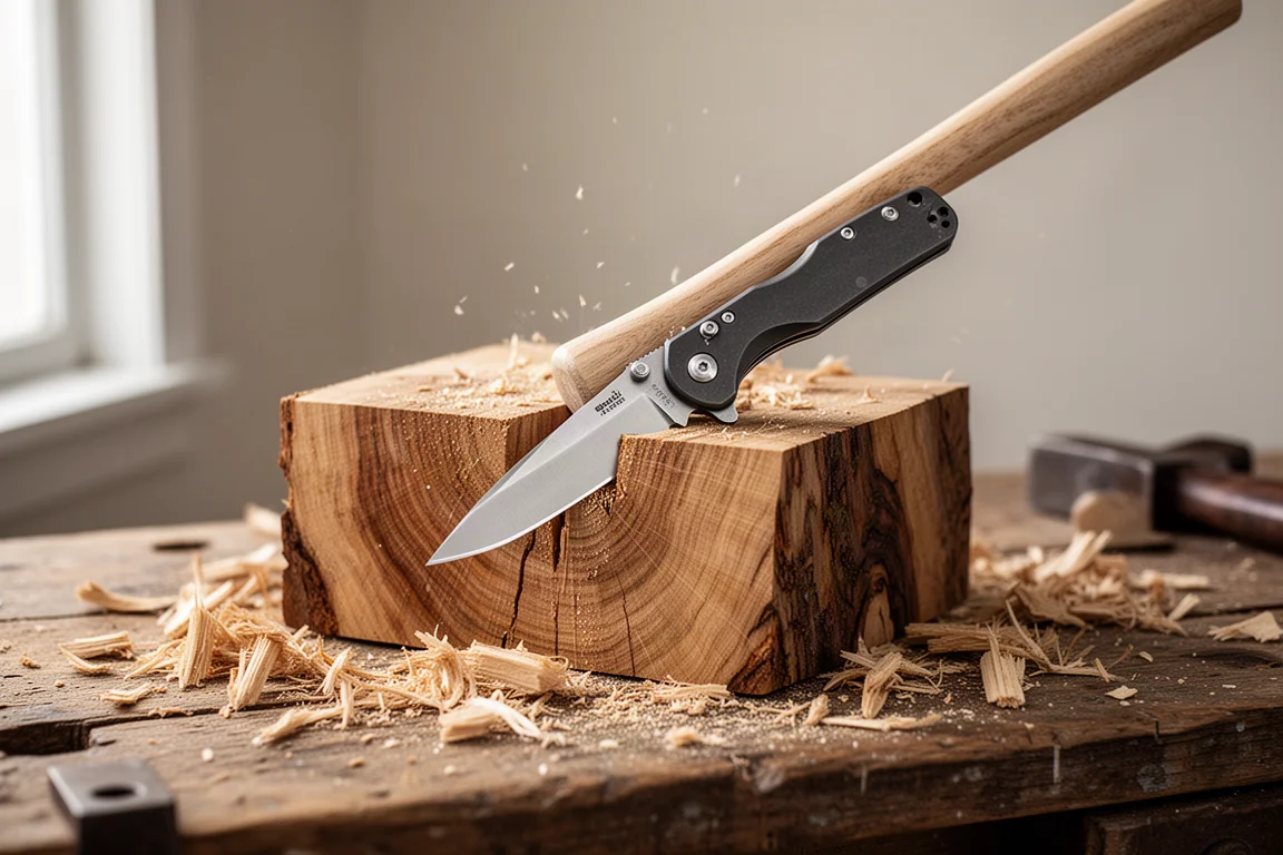Golpeo con mazo de una navaja plegable a través de un trozo de madera dura seca