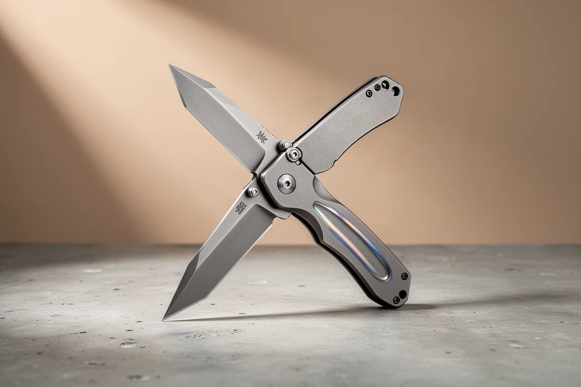 Premium titanium folding knife with tanto blade on a concrete surface