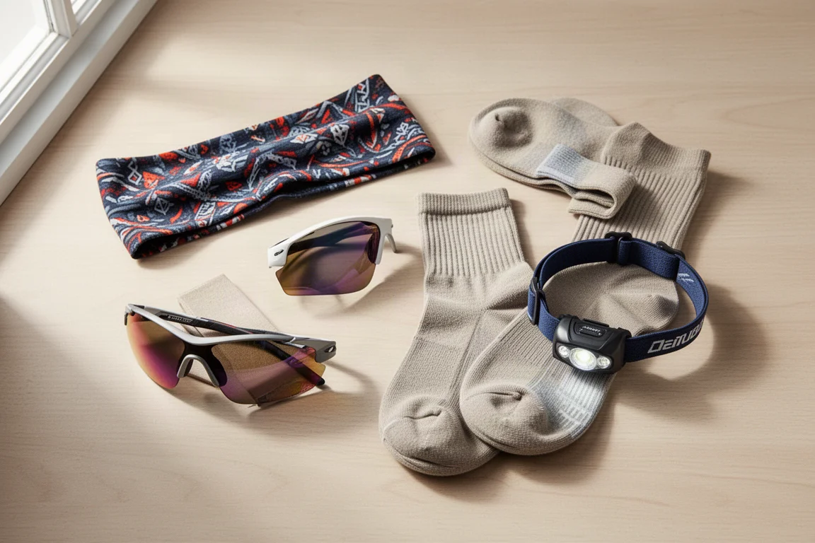 Flat-lay of running gifts including a headband, sunglasses, socks and a headlamp on a wooden surface