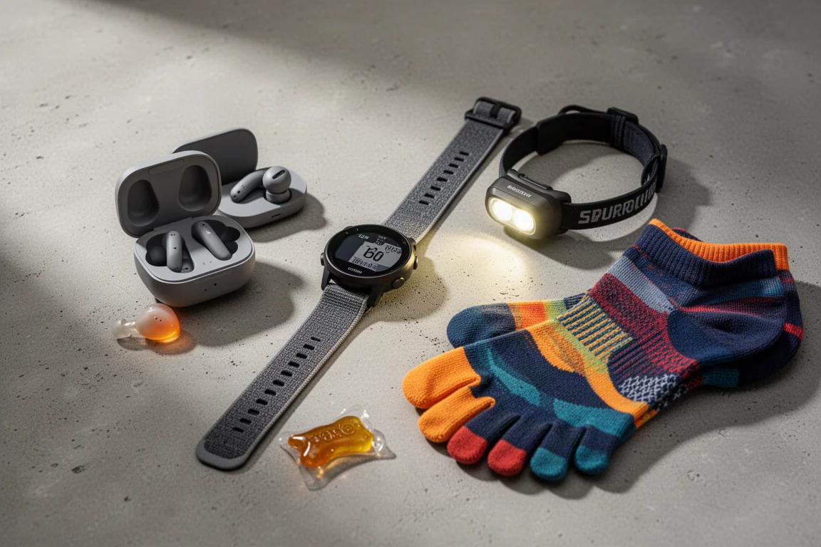 Flat-lay of running gifts including earbuds, GPS watch, head torch, socks, shoe and energy gel