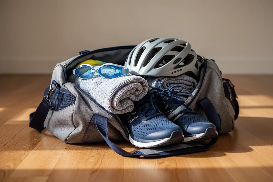 Bolsa de academia aberta em piso de madeira com óculos de natação, um capacete e tênis de corrida dentro